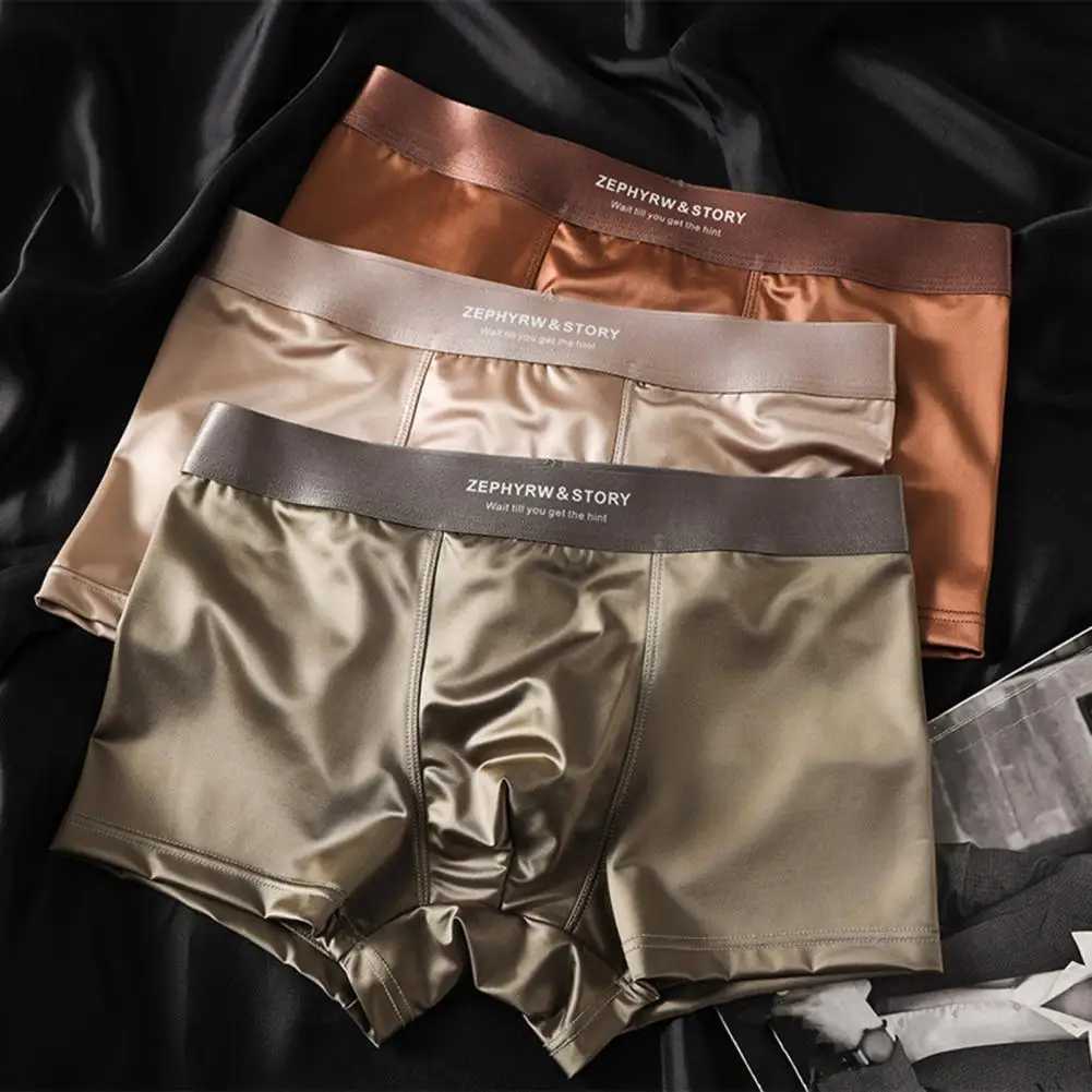 Men Boxer Underwear High Elasticity Breathable 3D Cut U-Convex Smooth Ice Silk Satin Shorts Panties Solid Color Seamless Panties D260319