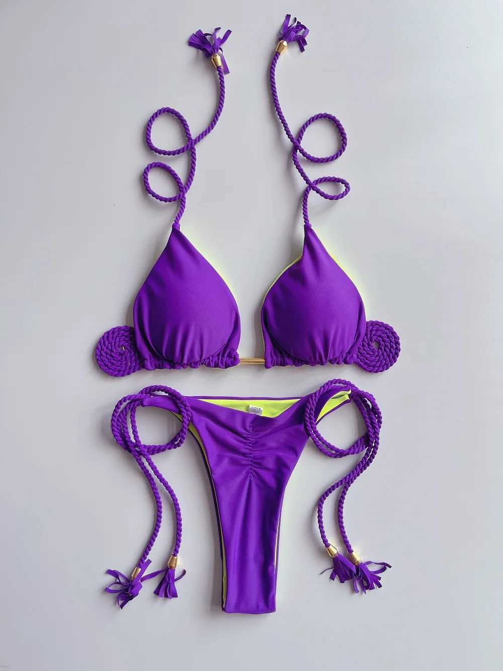 Sexy Solid color Two-piece Triangle Swimwear Womens Swimsuit Braiding rope Bikinis Set Beach Bathing Suit Brazilian BiquinisT260318