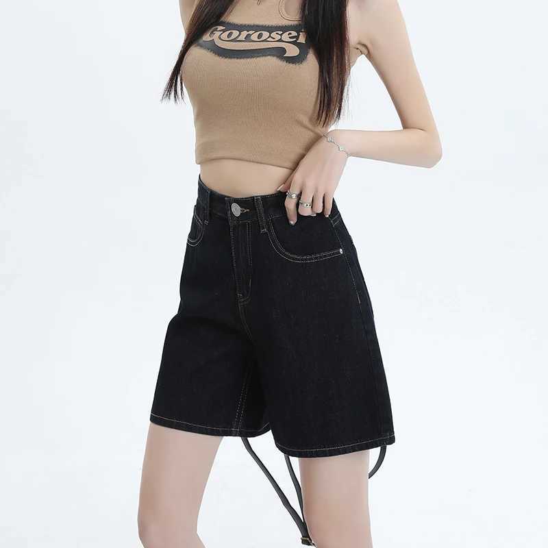 Womens Dark Blue High Waist Denim Shorts Loose Wide Leg Design Sense Niche Vintage Style M260319
