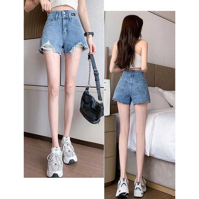 Summer Girls Korean Ripped Casual Jeans Women Blue Thin A-line Short Pants Female High Waist Baggy Mini Pants M260319