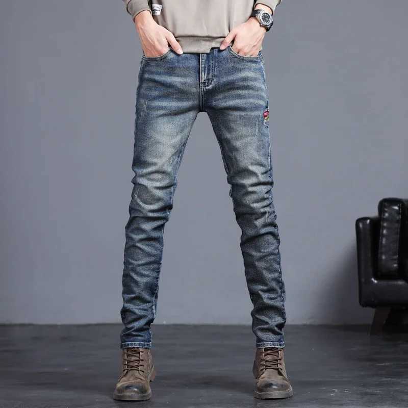 New Mens Vintage Jeans Korean Fashion Slim Little Feet Embroidered Trousers Stretch Male Streetwear Denim Pants M260319