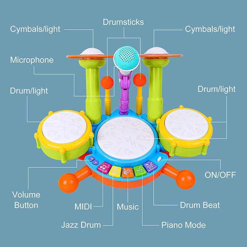 Kids Drum Set Toddlers 1-3 Musical Baby Educational Instruments Toys for Toddlers Girl Microphone Learning Activities Gifts Y260319