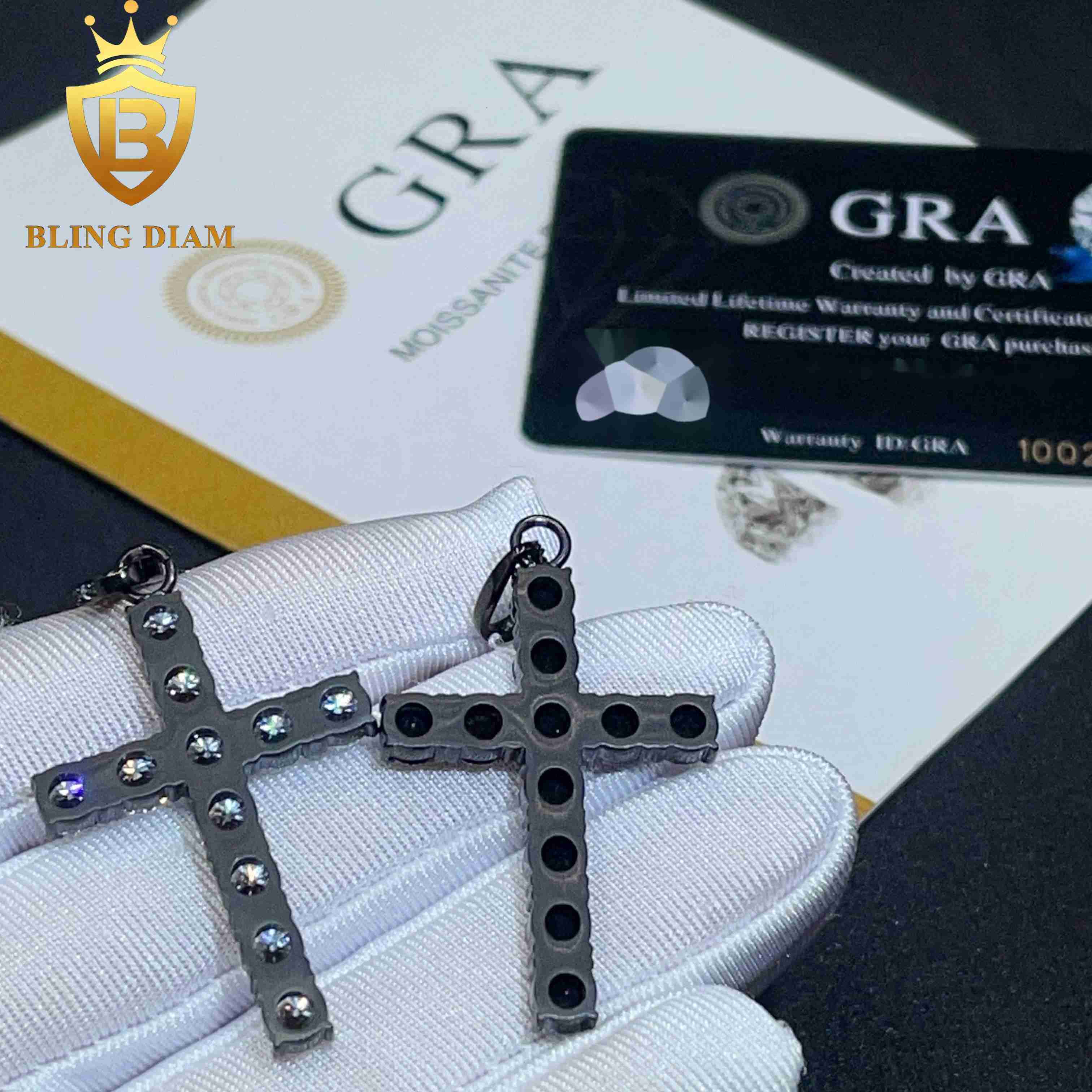 Blingdiam Jewelry Wholesale Iced Out Black Moissanite Gra Certificate Charms Stainless Steel Cross Pendants Necklace