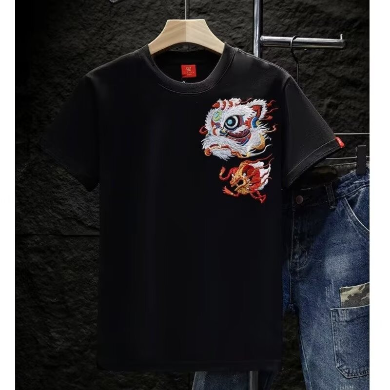 Pure Cotton ort Sve T-irt Men's Summer Chinese Style New round Ne Loose Casual Match All Cotton Embroidery Lion Print Tee