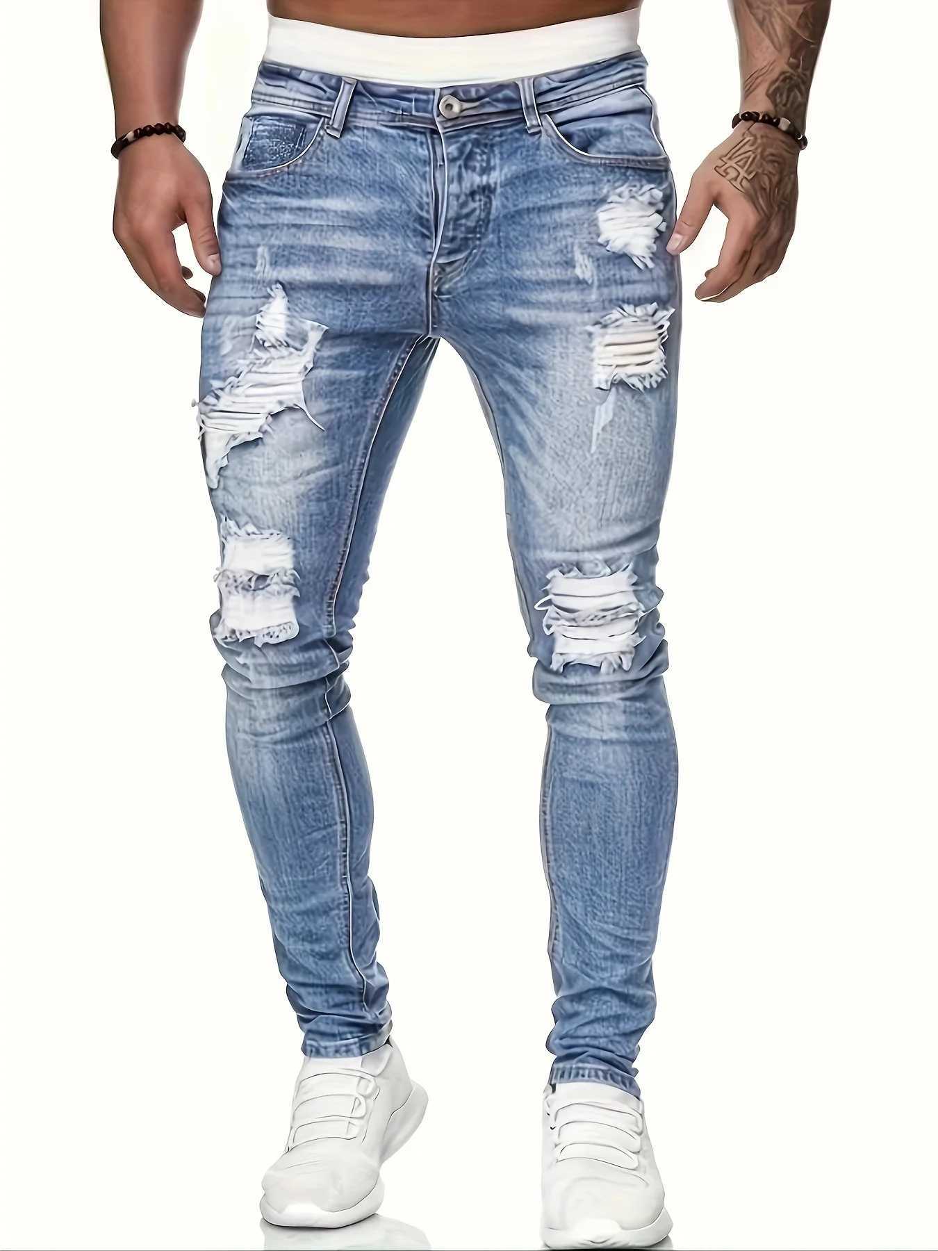 Mens Slim Fit Ripped Straight-Leg Jeans Slim Stretch Jeans Versatile Street-Style Jeans M260319
