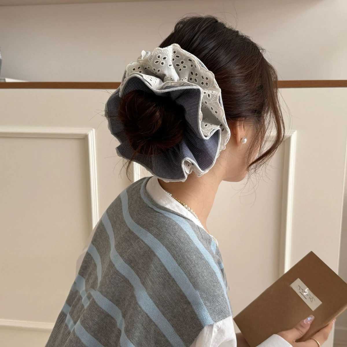 1pc Korean plaid lace double-layer square scarf large intestine scrunchie temperament versatile bun and ponytail hair rope H260319