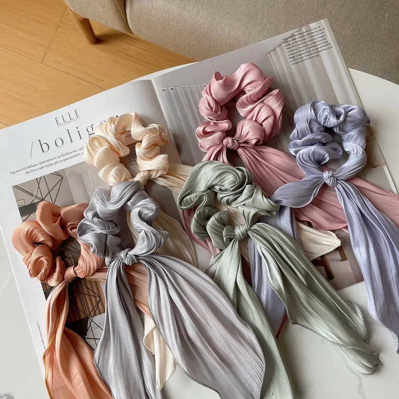 Satin Bow Long Ribbon Scrunchies Elastic Hair Bands Women Girls Ponytail Holder Hair Ties Solid Headband Hair Accessories H260319