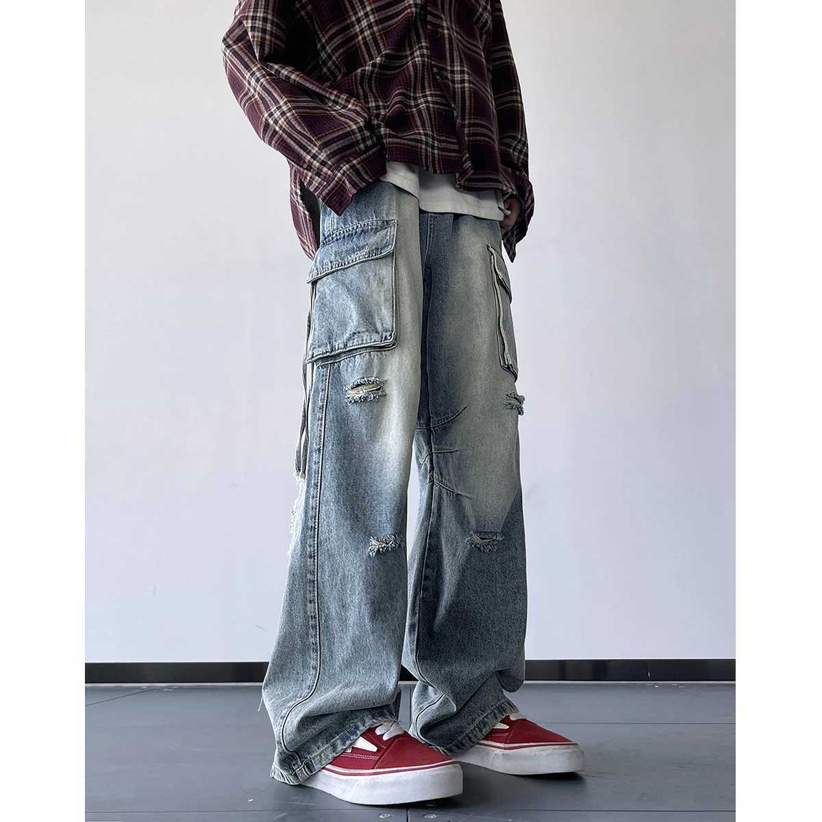 Cargo jeans men Autumn NEW Fashion Burrs Vintage Blue Streetwear Casual Denim Pants Unisex Hip Hop Patchwork Jean Pants M260319
