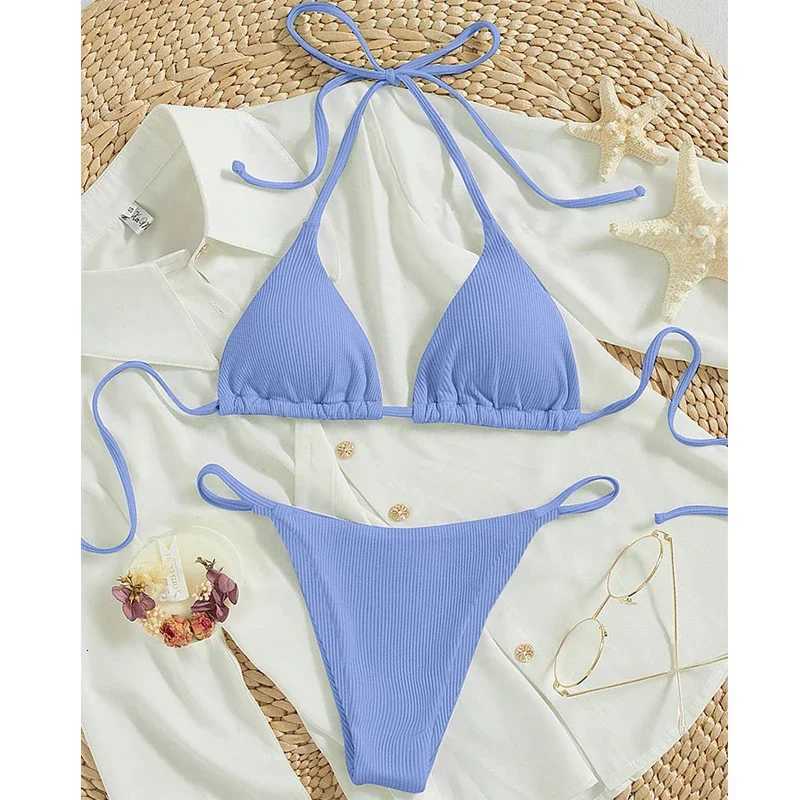 2024 Special Pit Stripe Fabric Bikini Set Women Sexy Simple Solid Halter Bikini Swimsuit High Waisted Lace Up Beach Bathing SuitT260318