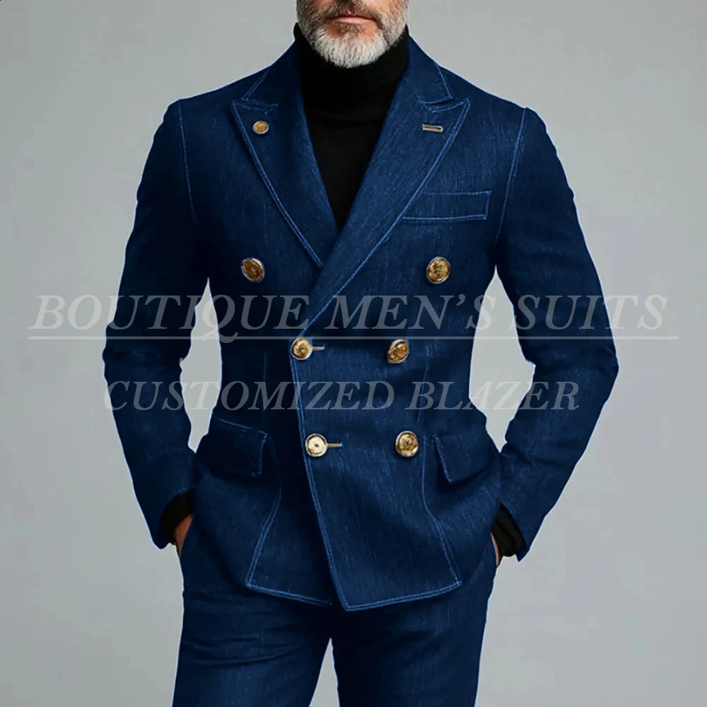 Formal Mens Suits Denim Double Breasted Blazer High Quality Customzied 2 Piece Jacket Pants Sets Male Clothing Costume Homme 260319 - view 3