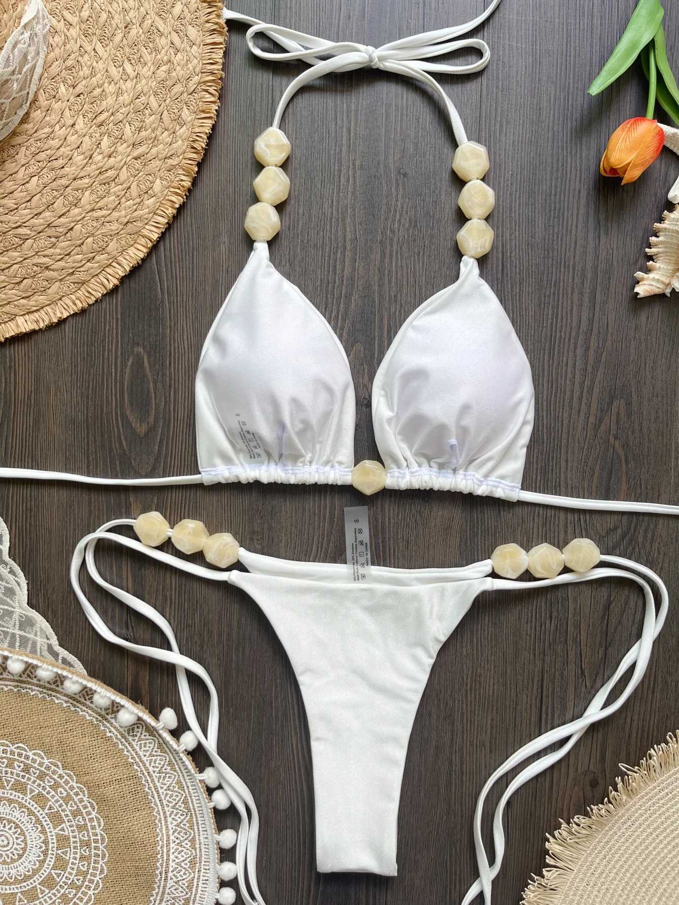 2025 Sexy Bead Bikini Swimwear Women Halter Bikini Swimsuit Beach Halter V Neck Bikini Set Beachwear Summer Bathing SuitT260318