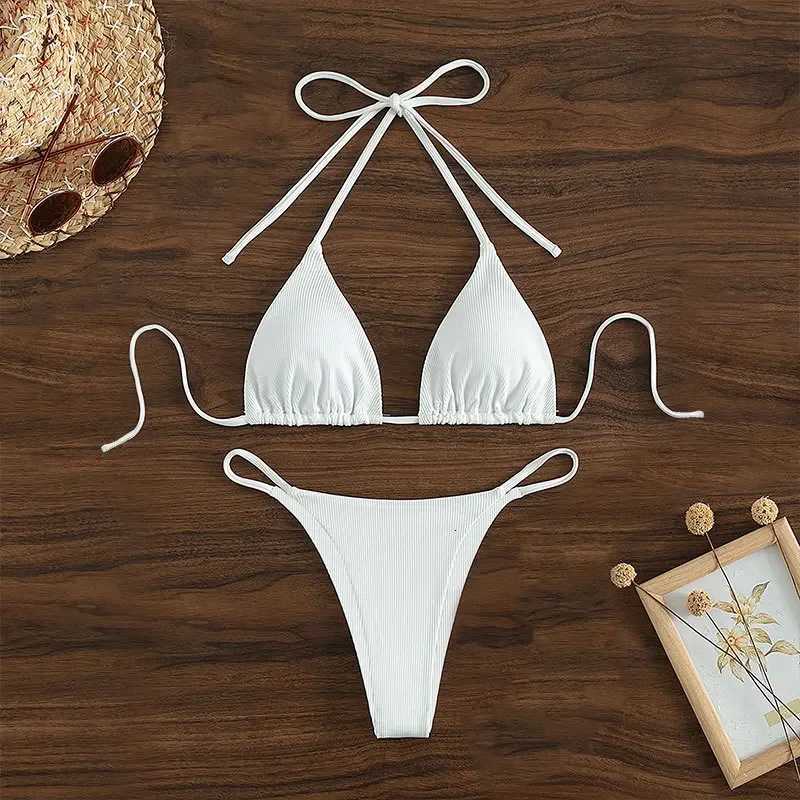 2024 Special Pit Stripe Fabric Bikini Set Women Sexy Simple Solid Halter Bikini Swimsuit High Waisted Lace Up Beach Bathing SuitT260318