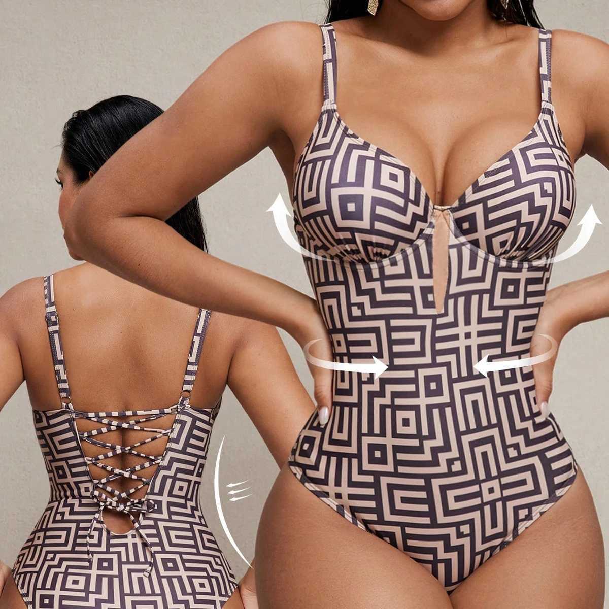 Sexy Coffee Geometry Print One Piece Swimsuit 2026 Women Underwire Push Up Bandage Back Cross Slim Fit Bathing Suit SwimwearT260318