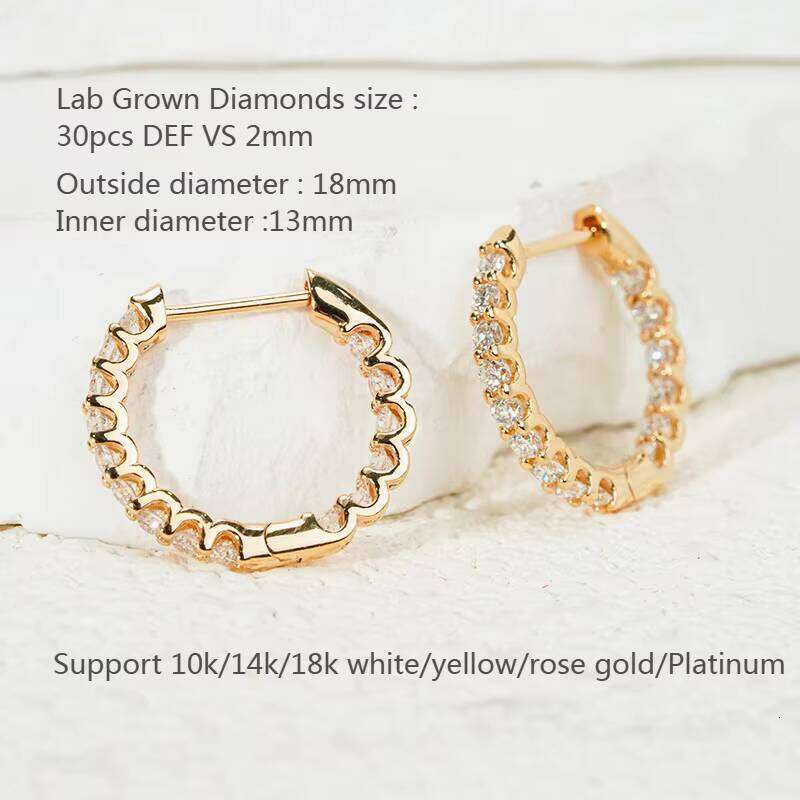 Starsgem 2Mm HPHT CVD Loose Diamond Eternity Hoops 10K/14K/18K Solid Gold DEF VS Lab Grown Diamonds Hoop Earrings