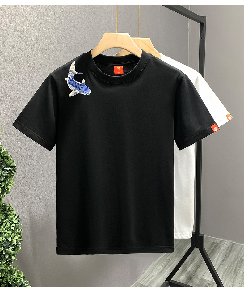 Summer Embroidered Fish Chinese Style Short-sleeved T-shirt Men's Trendy Top Casual Loose Fashion