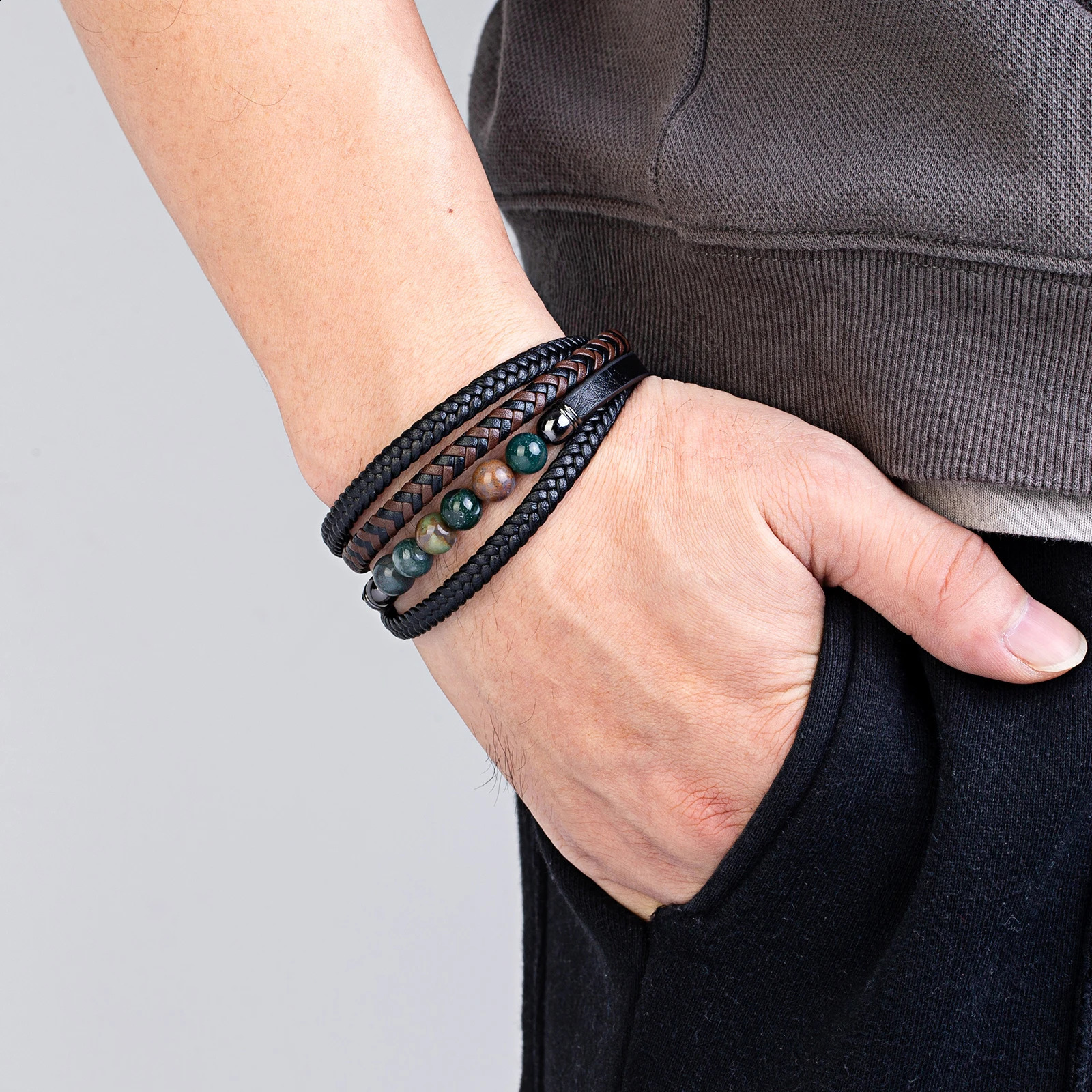 Natural Round Lava Stone Beaded Charm Bracelet Men Multilayer Woven Leather Bracelet Fashion Tiger Eye Jewelry Boyfriend Gift 260318