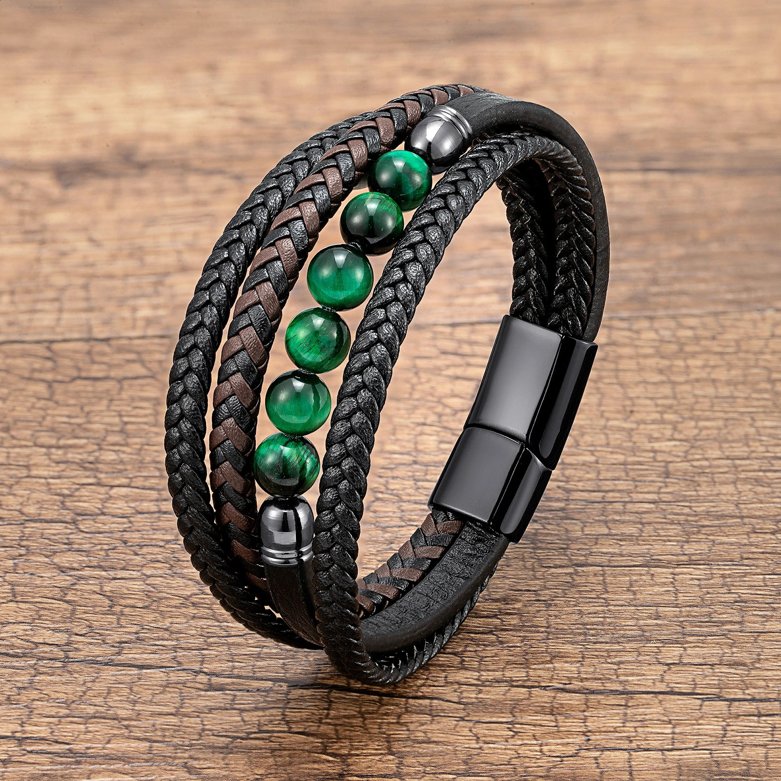 Natural Round Lava Stone Beaded Charm Bracelet Men Multilayer Woven Leather Bracelet Fashion Tiger Eye Jewelry Boyfriend Gift 260318