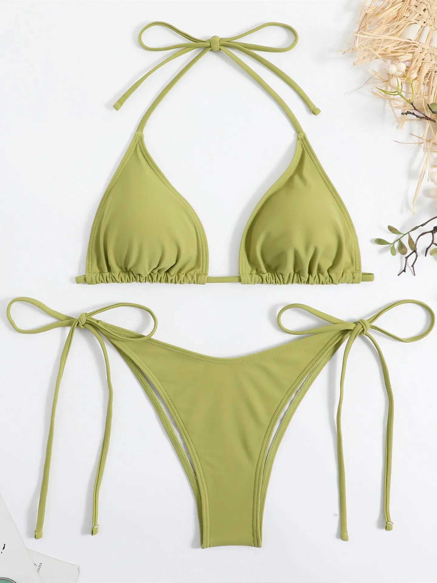 Sexy Brown Bikini 2025 Women Solid Red Halter Push Up Bra Tie Side Triangle Swimsuit Summer Bathing Suit Lace Up Micro SwimwearT260318