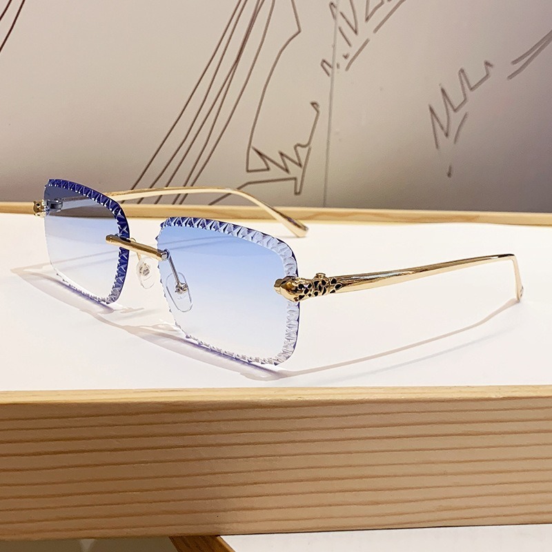 Brand Designer European And American New Leopard Head Frameless Sunglasses For Women, Light Luxury Style, Metal Square Floral Lens Fashion Sun