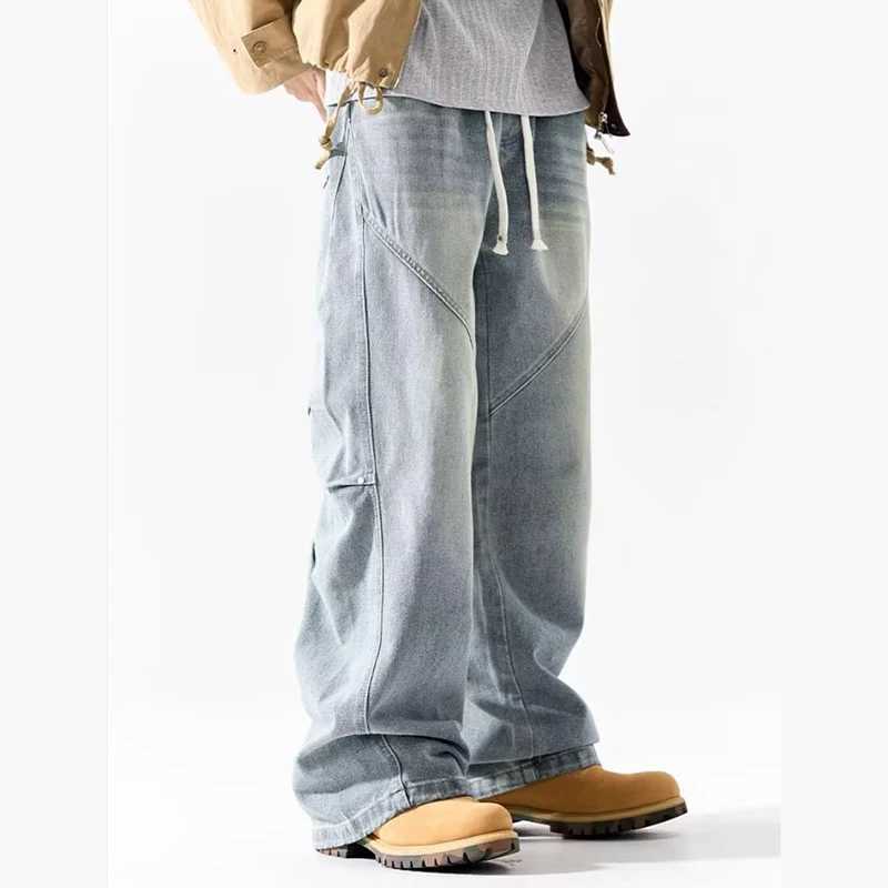 Men Fashion Retro Smoke Grey Elastic Waist Jeans Classic American Style Straight Leg Loose Male Denim Pants Wide Leg Trousers M260319