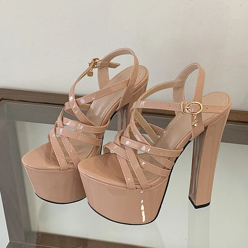 Liyke Runway Style 16CM Thick High Heels Platform Sandals Sexy Narrow Band Ankle Strap Open Toe Party Dress Women Shoes Apricot 260316