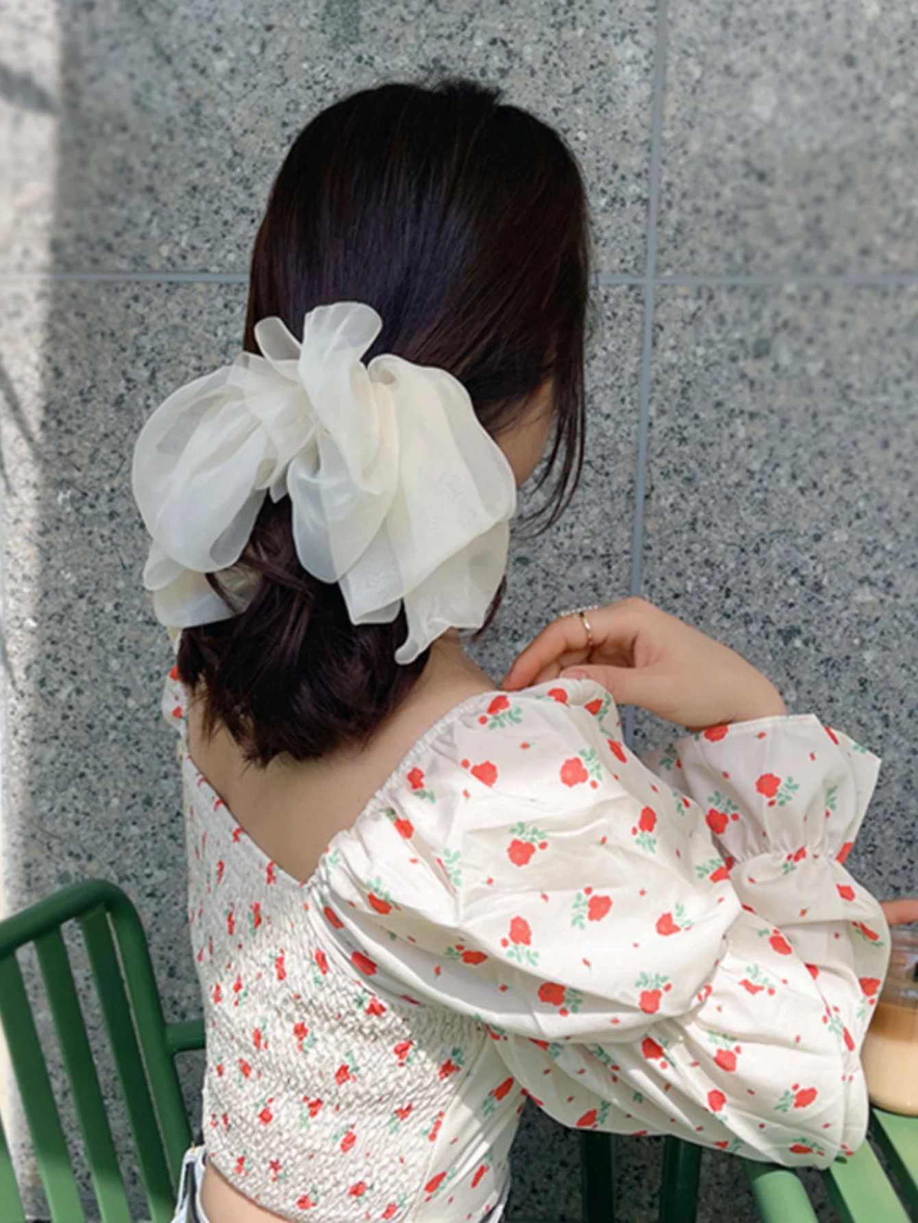 1 Piece Chiffon Large Bow Hair Clip with Long Ribbon Solid Color Soft Mesh Fabric Womens Hair Accessory H260319