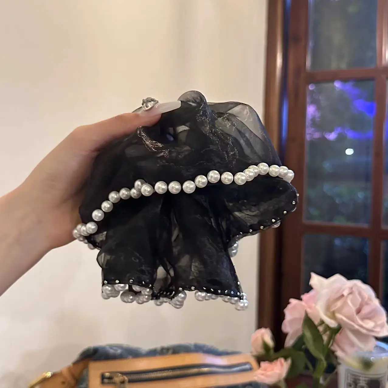 Elegant High-End Pearl Mesh Hair Ring Headband for Women Versatile Large Intestine Rubber Band Hair Accessory H260319