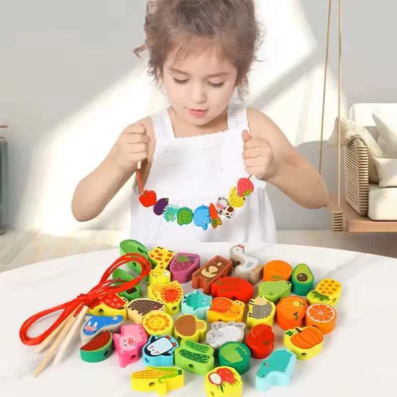 Monterssori Baby DIY Wooden Toys Cartoon Fruit Animal Stringing Threading Wooden Beads Educational Toys for Kids Christmas Gift Y260319