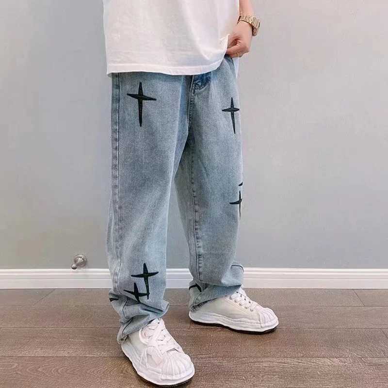 Mens Trendy Cool Style 2024 Blue Denim Pants Baggy Wide Leg Streetwear Trousers Cross Star Sticker Embroidery Design Jeans Male a01 M260319