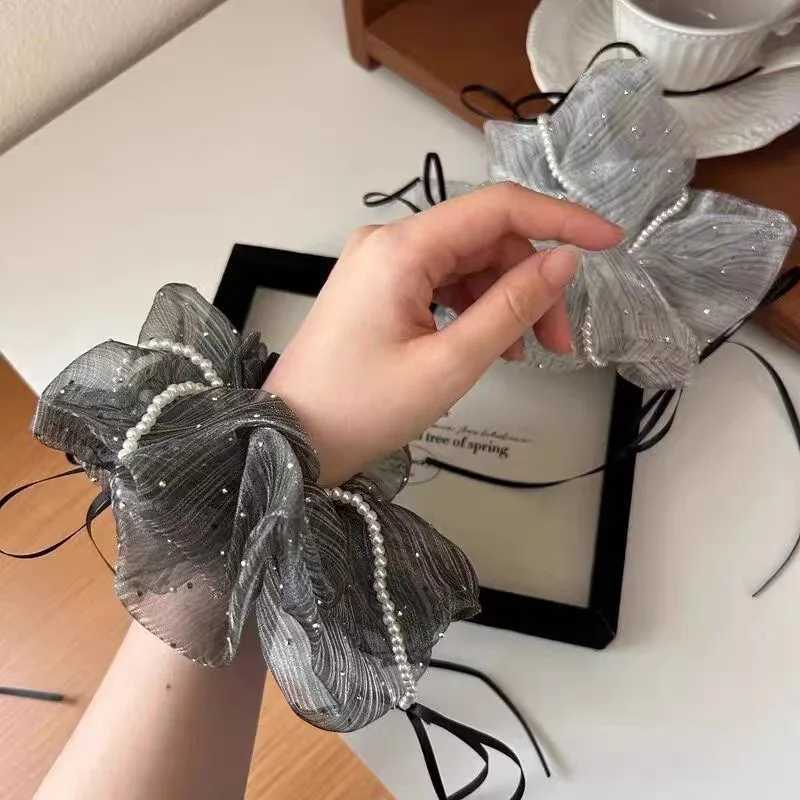 1PC Bowknot Beaded Tulle Scrunchie - Womens High-end Hair Rope Sweet and Elegant Hair-tie Elastic Band H260319