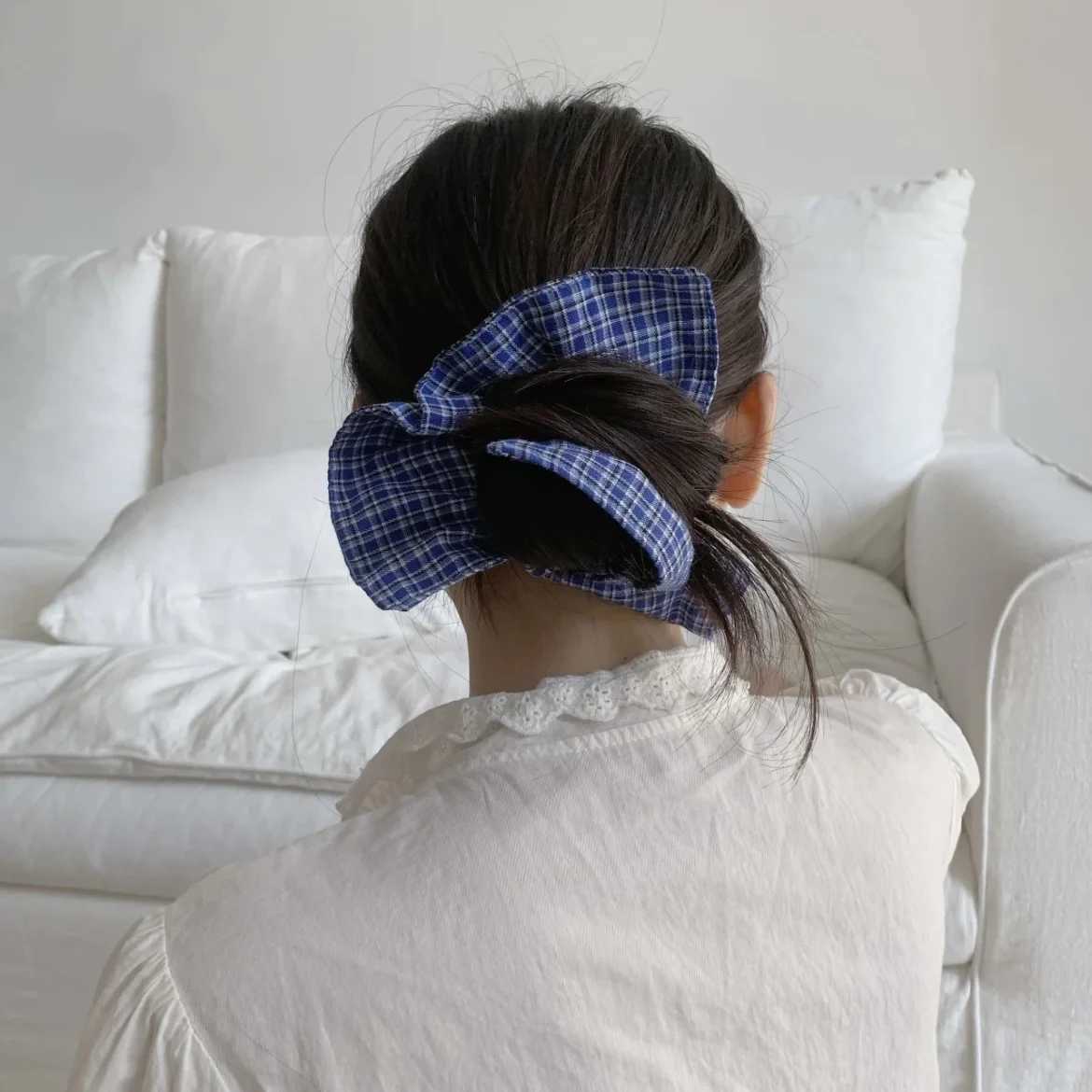 Preppy - Style Blue Plaid Hair Scrunchie Large Bow - Shaped Hair Tie Cute And Retro Hair Accessory For Women H260319