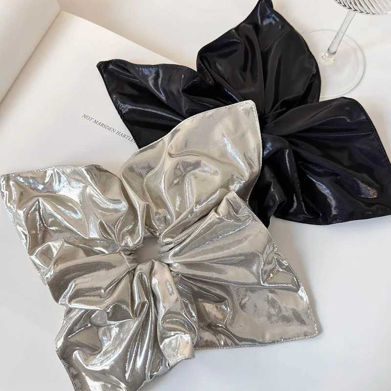 21cm Oversize Metallic Black Silver Hair Scrunchies Faux Leather Square Elastic Hair Bands Women Girls Accessories Hair Ties H260319
