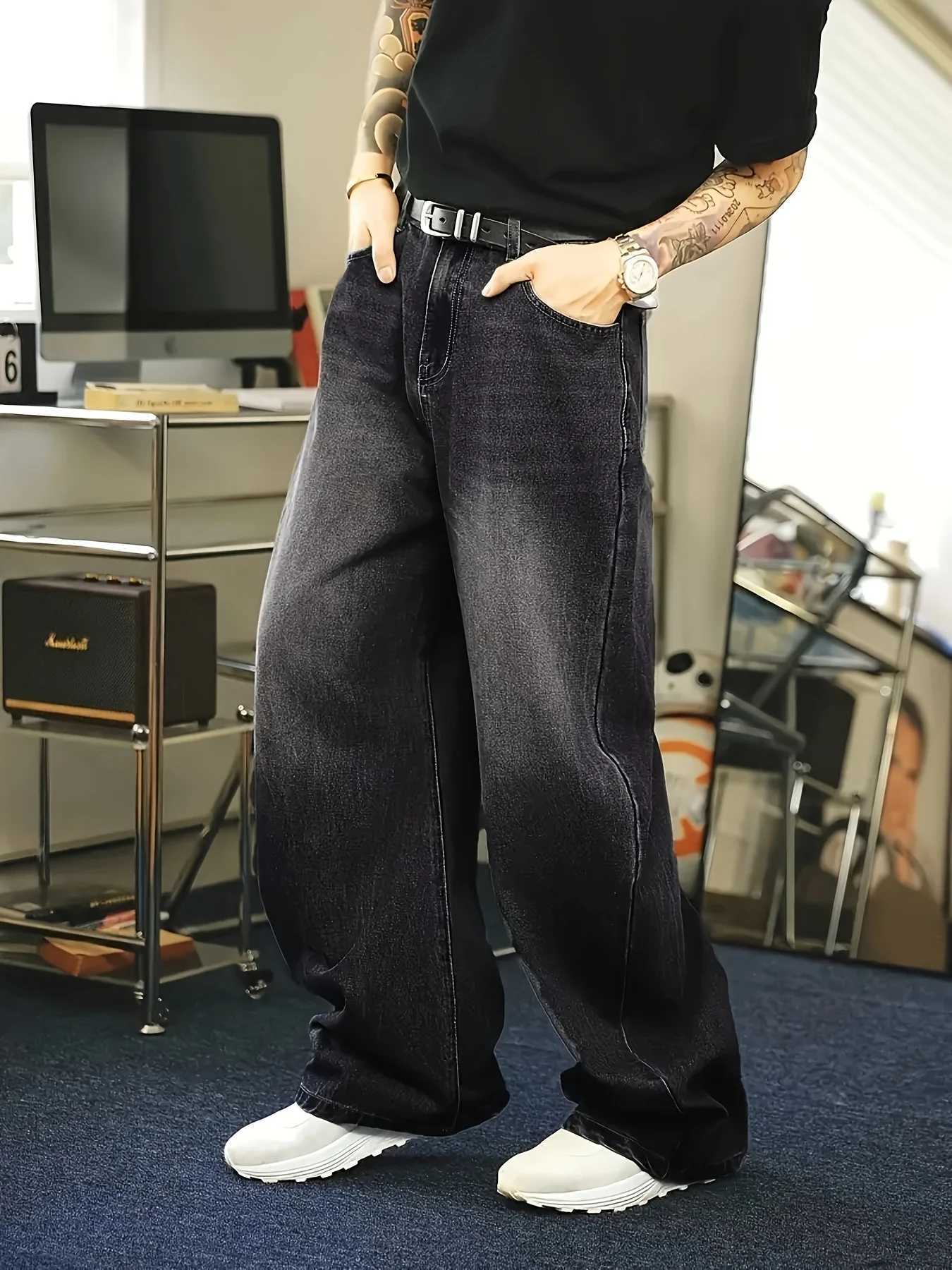 1Pc Mens Daily Travel Casual American Street Loose Jeans Black Light Blue Sea Blue Fashion Street Style Retro Lantern Jeans Denim Pants a04 M260319