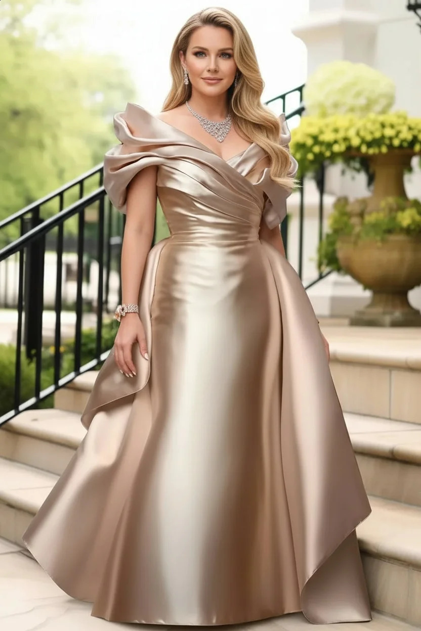 Plus Size Satin Evening Dress for Womens Off Shoulder Puff Sleeve Solid Elegant Cocktail Wedding Guest Maxi Dresses 260317