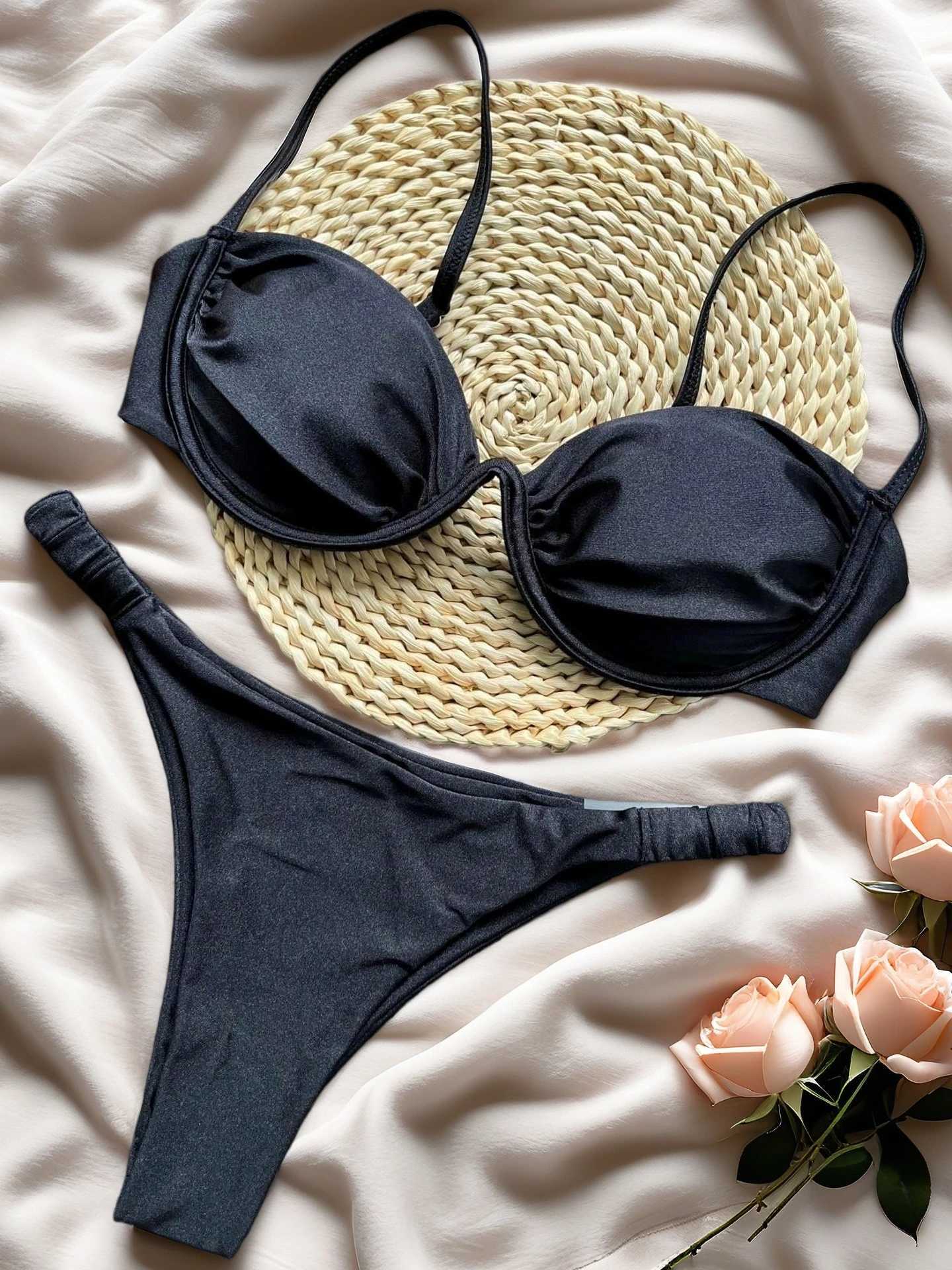 Sexy Steel bracket Solid color Bikini Set Womens Swimsuit Two-piece Triangle Swimwear Bathing Suit Brazilian BiquinisT260318