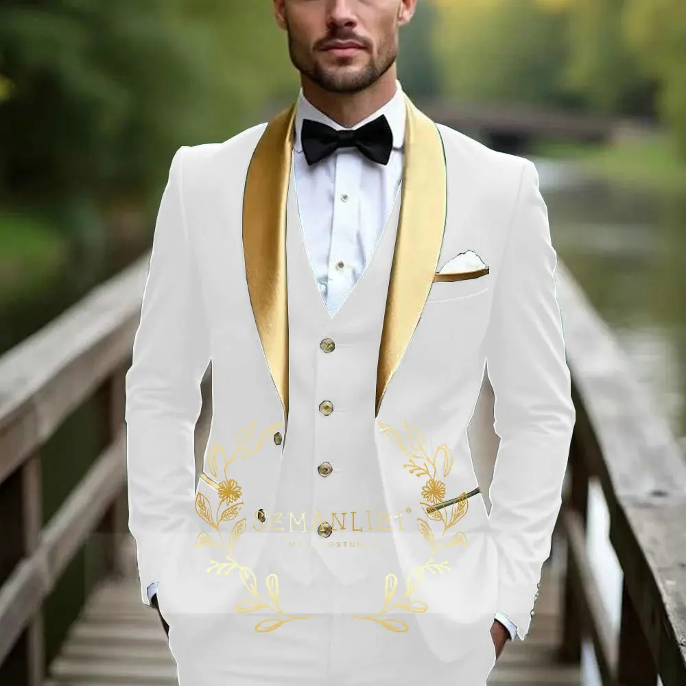 Oil Green Men Suit Business Tuxedo Formal Gold Satin Lapel Groom Groomsman Wedding Party Prom Male 3 Piece Set Blazer Vest Pants 260319