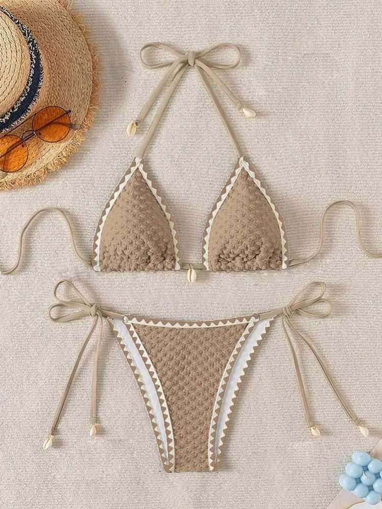 Sexy White Contrast Bikinis Sets 2025 Women Shell Ornament Push Up Tie Side Thong Swimsuit Summer Bathing Suit Micro SwimwearT260318