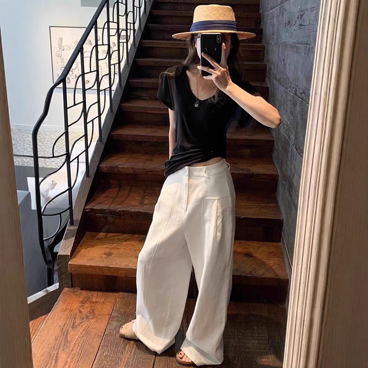 Designer Luxury Old Money Style Linen Ramie Wide-leg Pants For Women Essentials Summer Thin Essential Shorts High-waisted Slimming Loose Lazy Suit Str