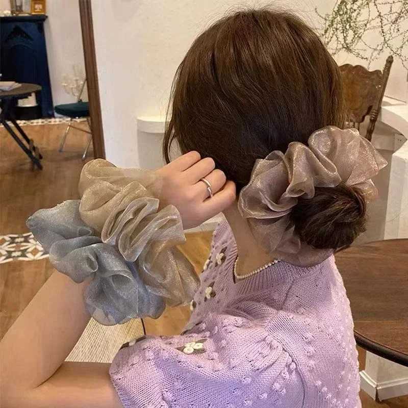 Fashion Organza Big Scrunchies for Women Summer Solid Color Ponytail Holder Elastic Hair Bands Headwear Choucou Cheveux Femme H260319