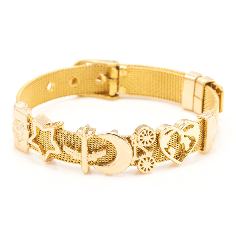 Charm Bracelets DINGLLY Two tone Stainless Steel Mesh For Women Men Golden Love Heart Beaded 10mm Ribbon Bracelet Bangle Gifts 230424