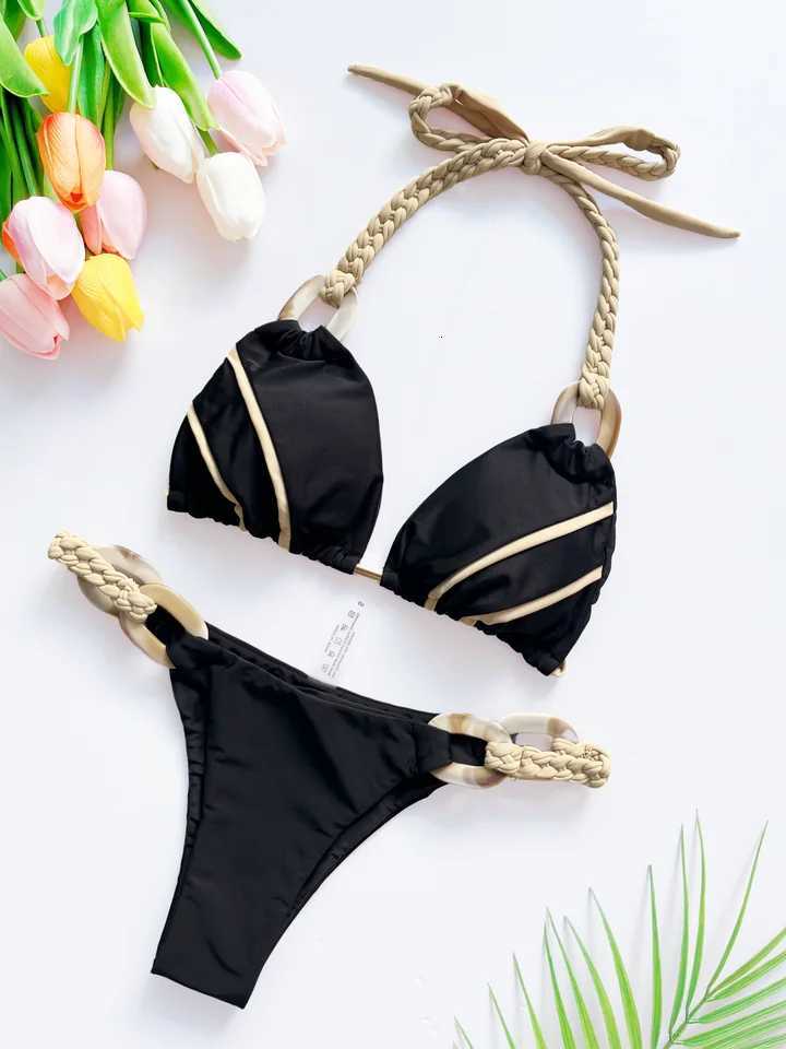 Weave triangle swimsuit lady biquinis Brazilian women bikini ring sexy bathing suit 2025 two pieces suits Halter micro swimwearT260318