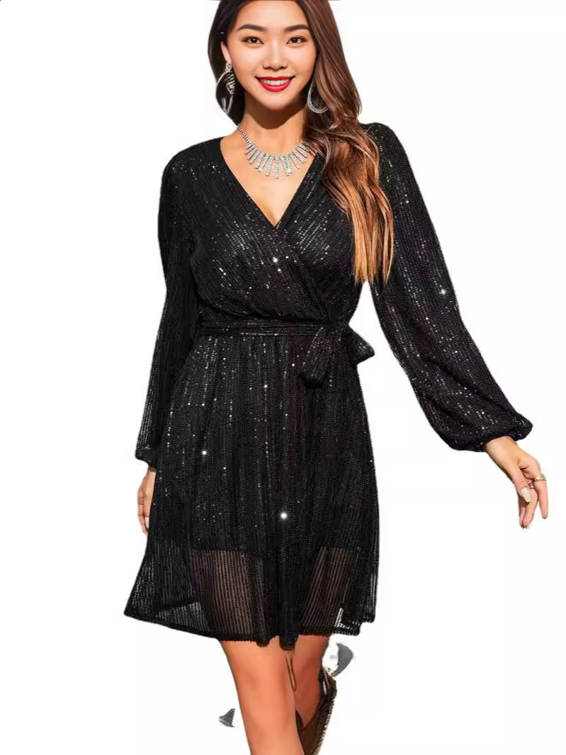 Elegant Shiny Evening Dress Women Party Long Gown Long Sleeve Sequins Even Robe Femme Bridesmaid Wedding Celebrity 241214