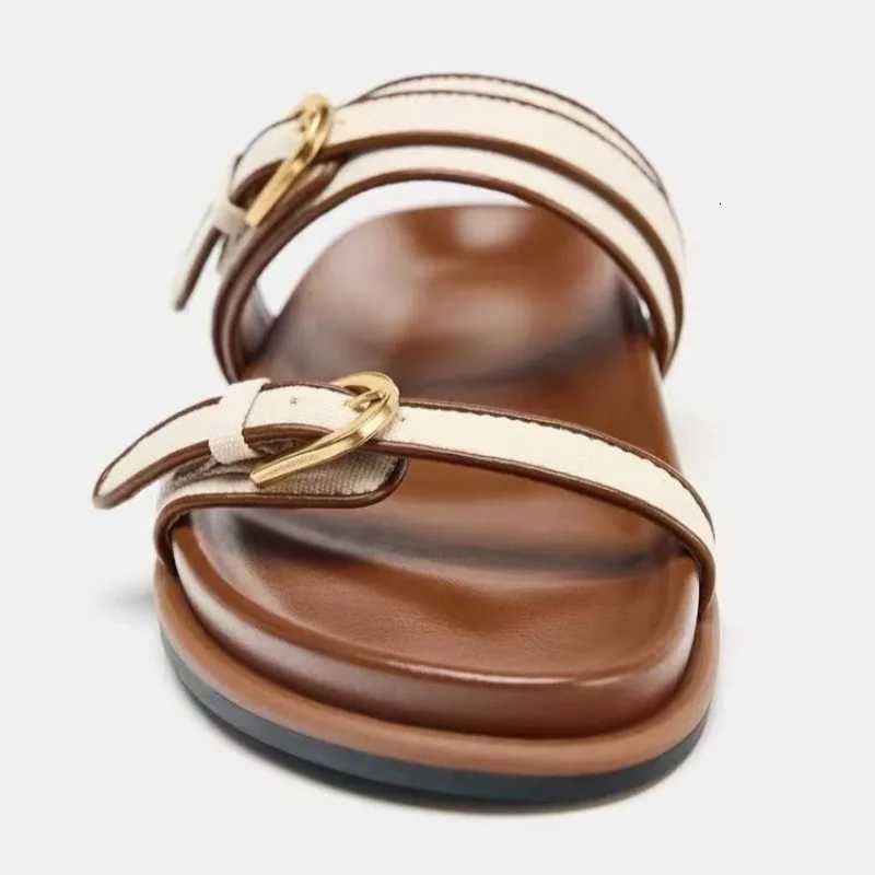Fashion Denim White Slide Sandals Women Luxury Metal Belt Buckle Decoration Flat Slippers Summer Comfortable Women Beach Shoes Z260318 - view 4