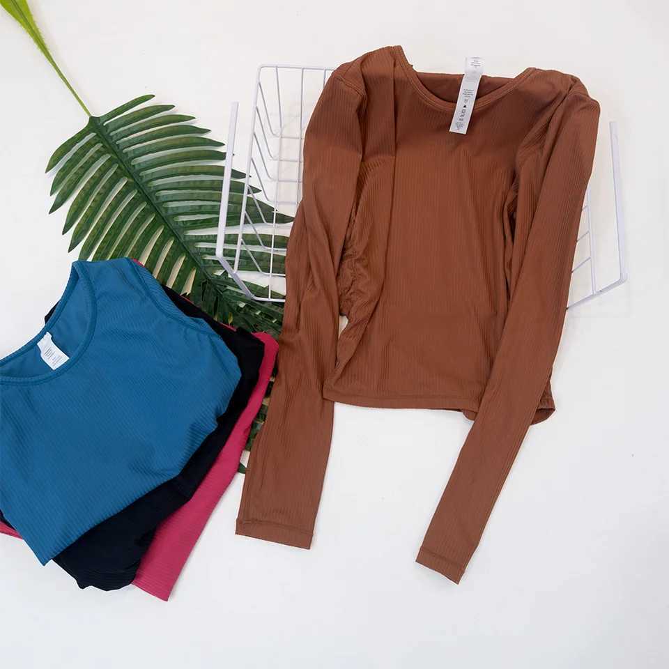 Womens New Slim Fit Waist-Cinching High Elasticity Ribbed Long Sleeve Breathable Comfortable Sports Fitness Yoga Top Z20260319