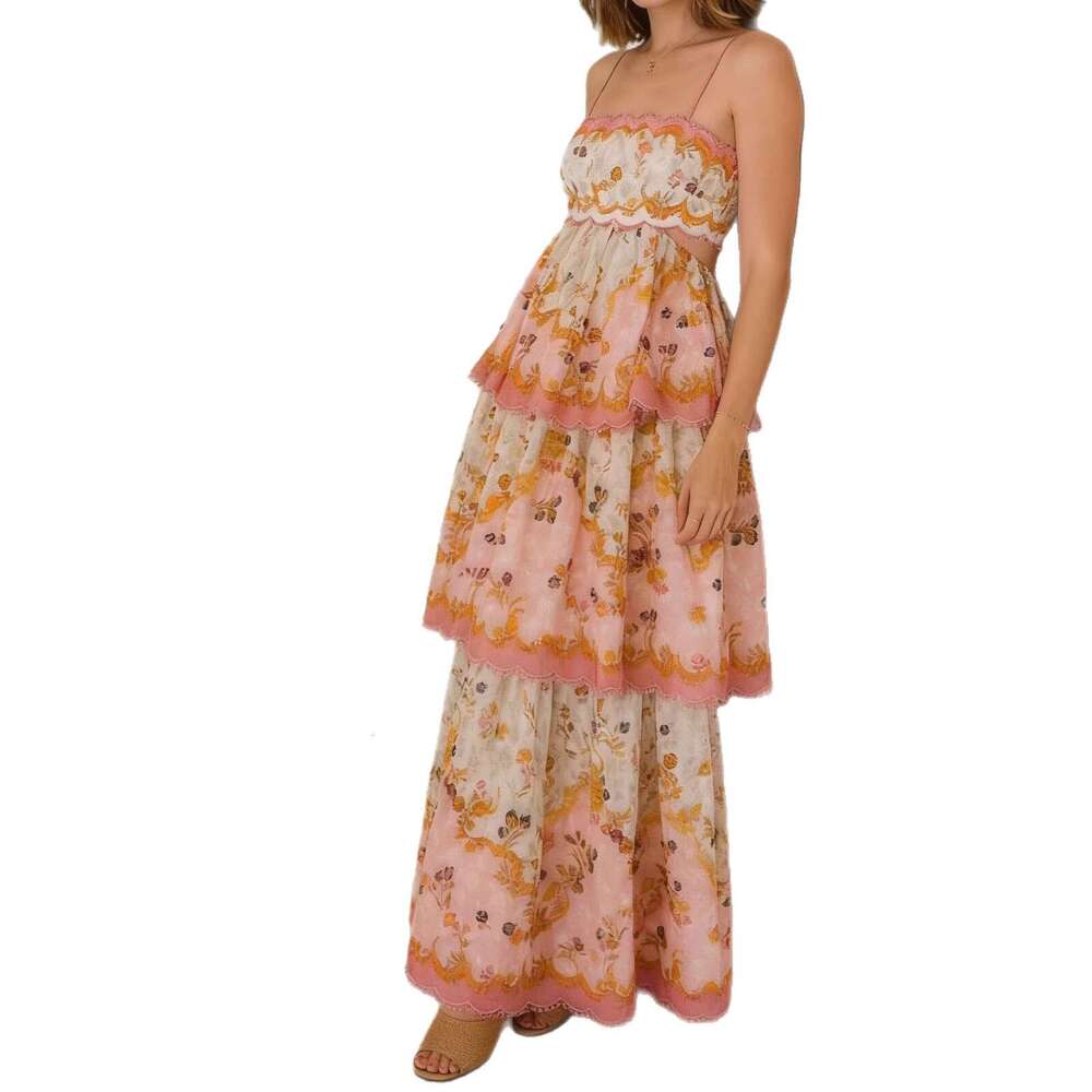 Cross-border supply summer new Russian women's fashion tassel waist-revealing embroidered tiered strap dress