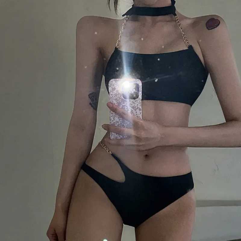 Womens Black Chain Bikini Set Sexy Halter Neck Asymmetric Swimwear for Beach Vacation Fashion Triangl Swimsuit with Unique CutT260318
