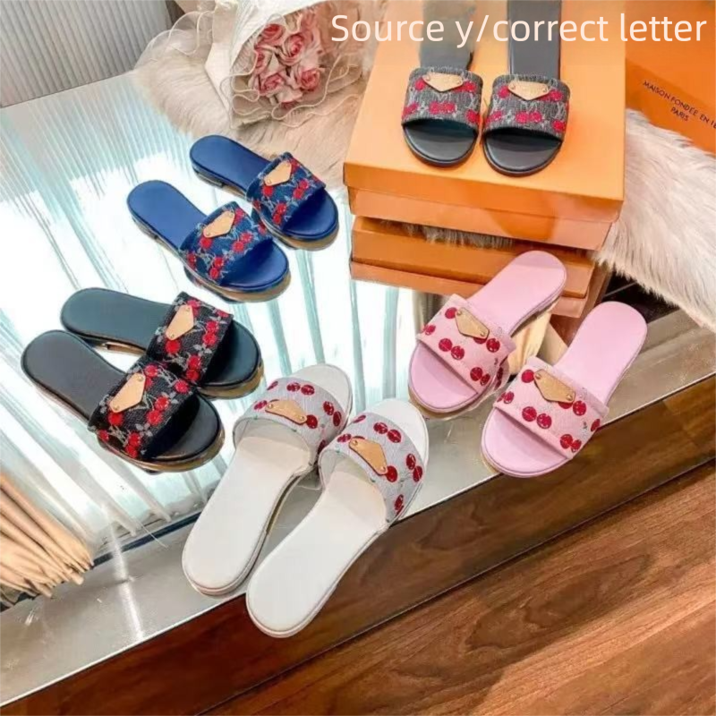 top luxury brand designer Straw Slippers Flat Heels Woven 25s New Women Cherry Series Sandals Summer Beach Slipper Outdoors Comfort Slides Top Quality Shoes