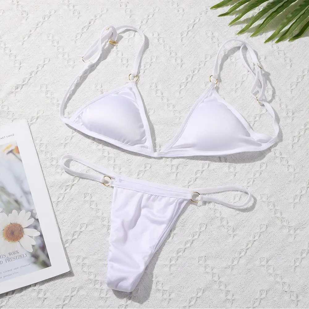 Ladies Sexy Solid Color Sling Bikini Set Metal Buckle Decorated Swimwear Set Woman Sling Backless Bikini Vacation Beach SwimwearT260318