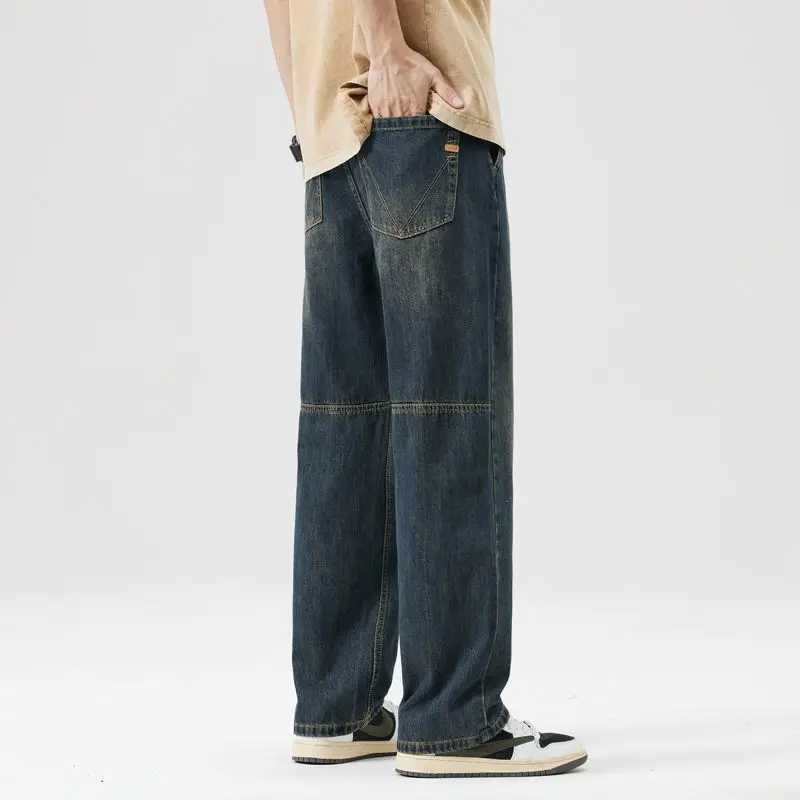 Jeans Fashionable Splicing Design Straight Wide-leg Pants Korean RETRO Street Baggy Denim Trousers Mens Baggy Pants M260319