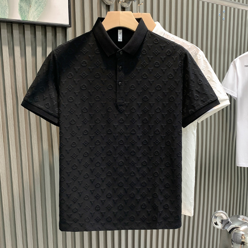 New Men's Short Sleeved T-shirt For Summer 2026, Fashionable And Luxurious Jacquard Casual Slim Fit Youth Lapel Top